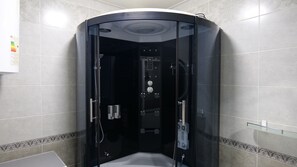 Hair dryer, towels, soap, shampoo