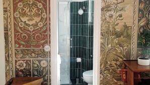 Une salle de bain avec une douche, des toilettes et un lavabo. On y trouve une chaise en bois et une table sur laquelle est posée une plante. Les murs sont décorés de motifs floraux.