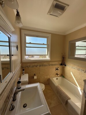 Hair dryer, towels, soap, shampoo