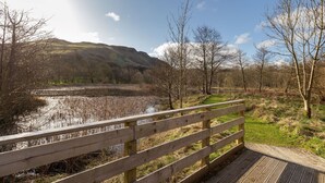 A wooden bridge with a metal railing leading to a grassy area with trees and a body of water. - Beautiful private villa for 16 guests with WIFI, TV, patio, pets allowed and panoramic view (Ayr)