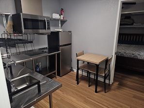 Fridge, microwave, coffee/tea maker, toaster