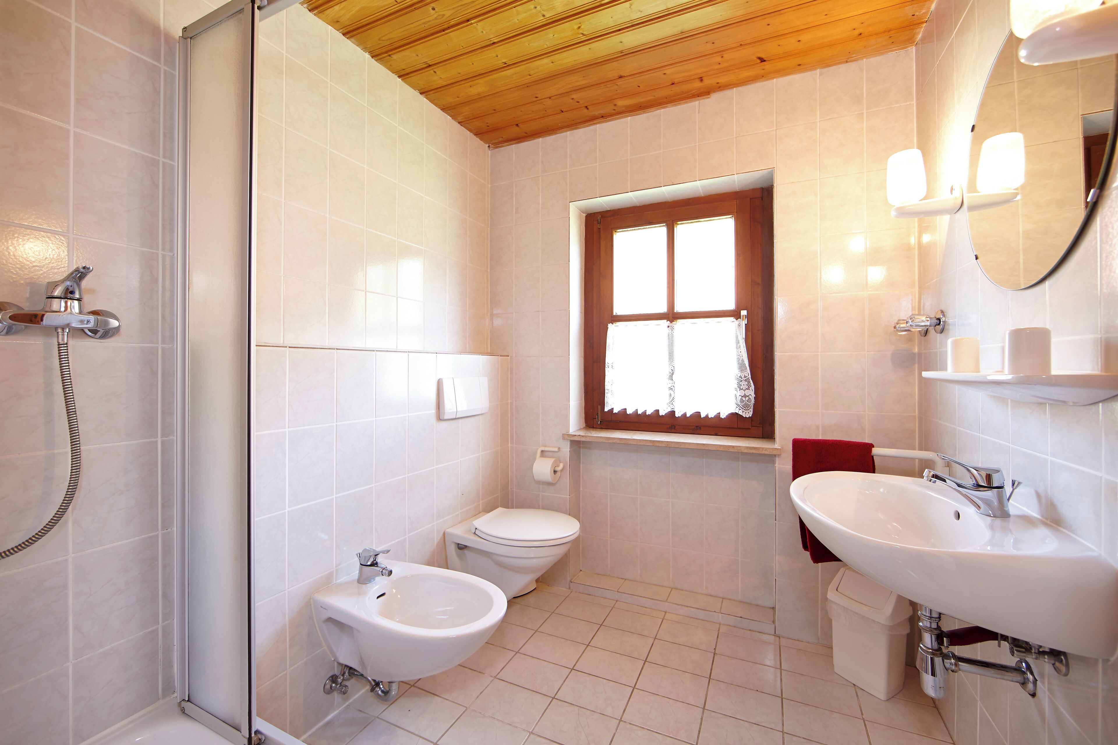 Shower, bidet, towels, toilet paper