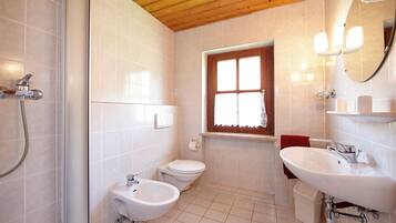 Shower, bidet, towels, toilet paper