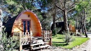 A wooden cabin with a curved roof, a wooden porch, and a bench. - Glamping Sintra. Enjoy the tranquility of the forest. (Sintra)