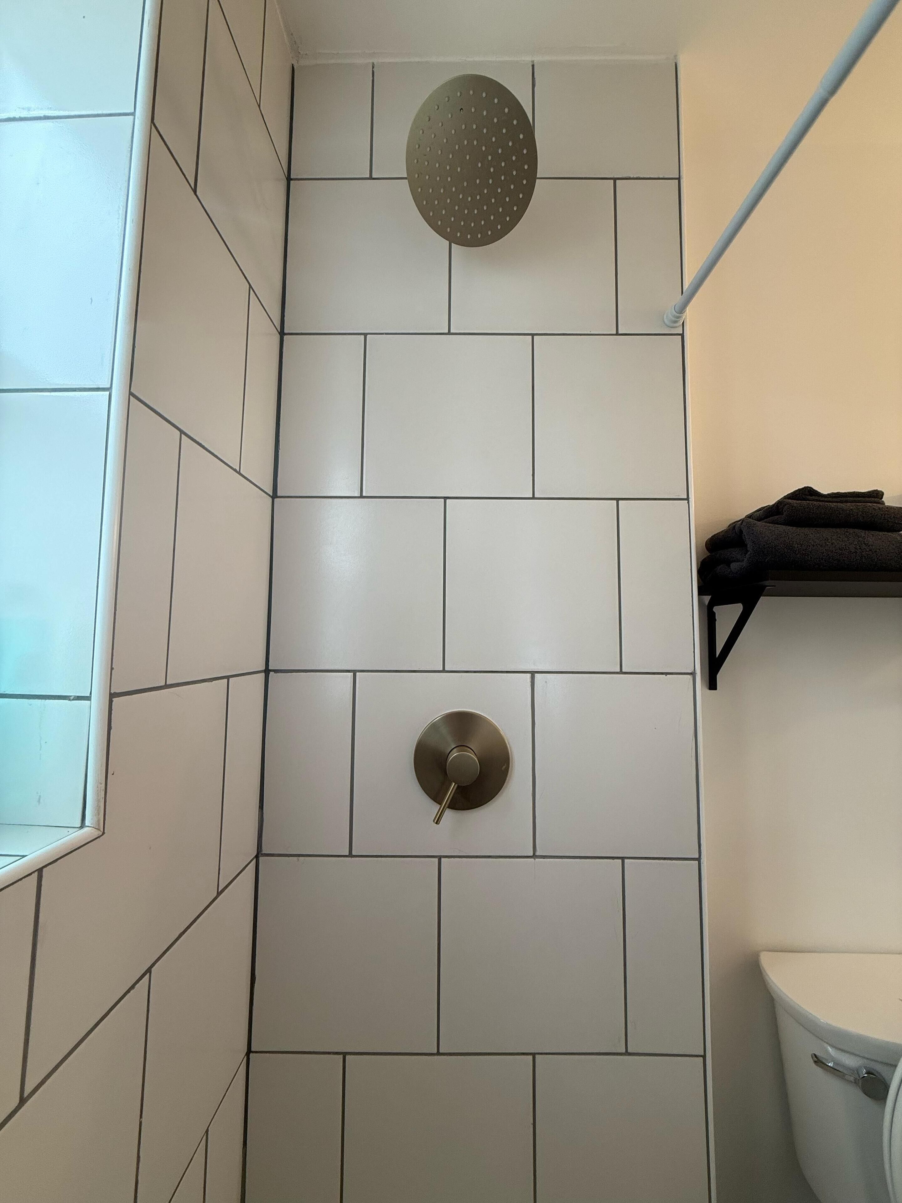 Un bagno con piastrelle bianche, una doccetta, un water e un porta asciugamani.