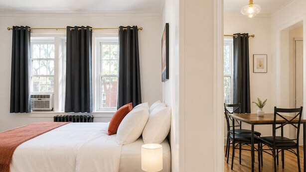 A hotel room with a bed, bedside lamp, a small table with a remote control, a dining area with chairs, and a window with curtains. - Studio Near Downtown+Wi-Fi+Queenbd_HighFall. (Rochester)