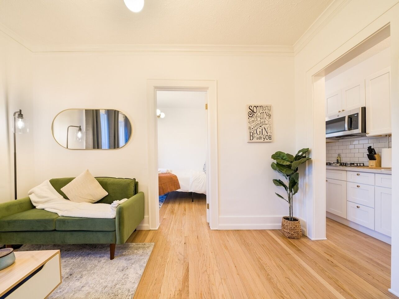 Un appartement moderne avec un canapé vert, un miroir, une plante en pot et un coin cuisine.