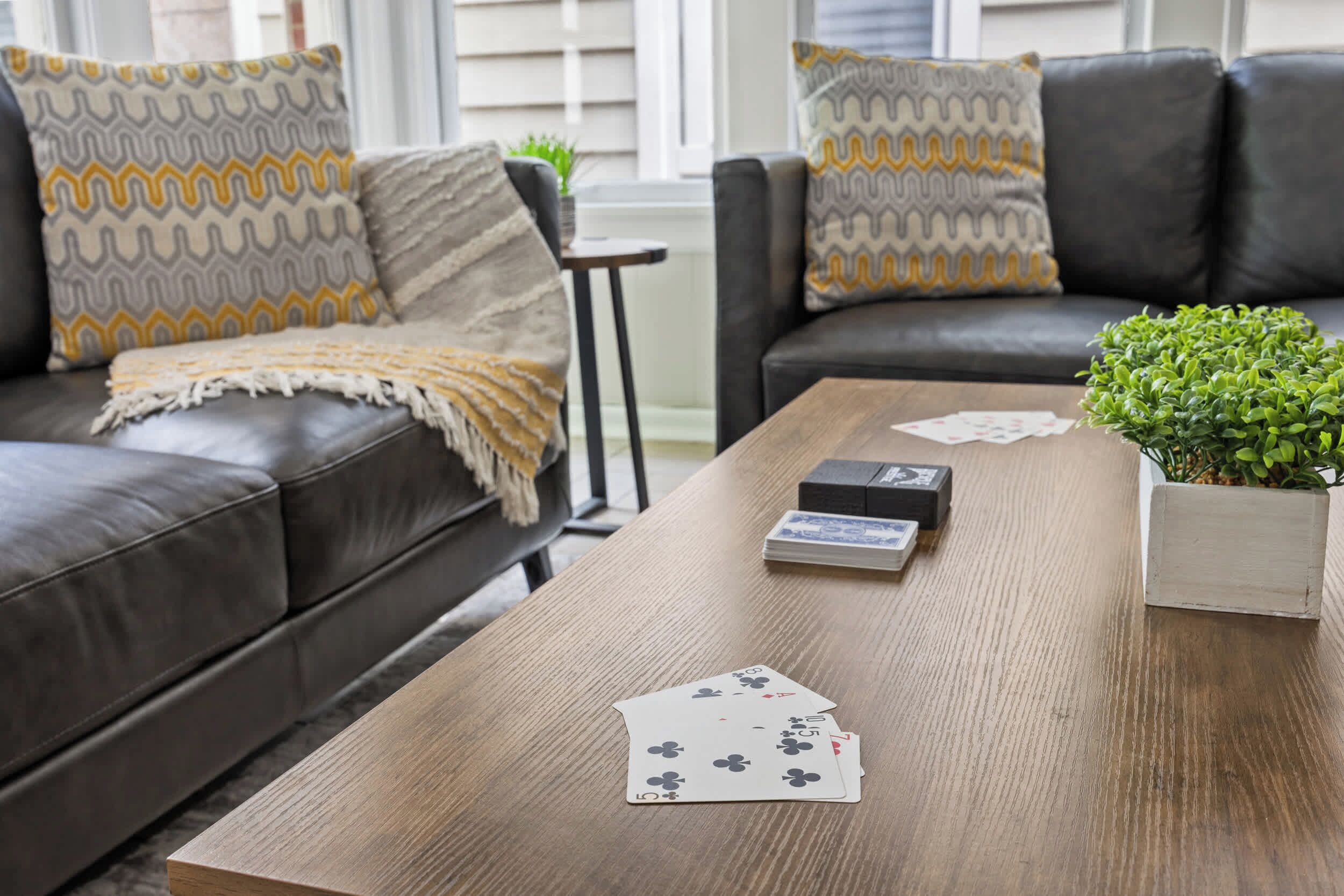 Una sala de estar con una mesa de centro de madera, un sofá con cojines estampados y una pequeña planta.
