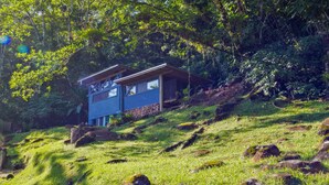 A blue house with a stone foundation, surrounded by lush greenery and trees. - Chalé em Garuva com Vista para a Montanha (Garuva)