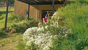 Ein zweistöckiges Holzhaus mit Balkon, umgeben von üppigem Grün und weißen Blumen.