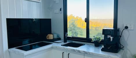 Kühlschrank, Mikrowelle, Herdplatte, Wasserkocher mit Kaffee-/Teezubehör
