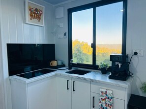 Fridge, microwave, stovetop, coffee/tea maker