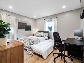 2 bedrooms, desk, iron/ironing board, travel crib