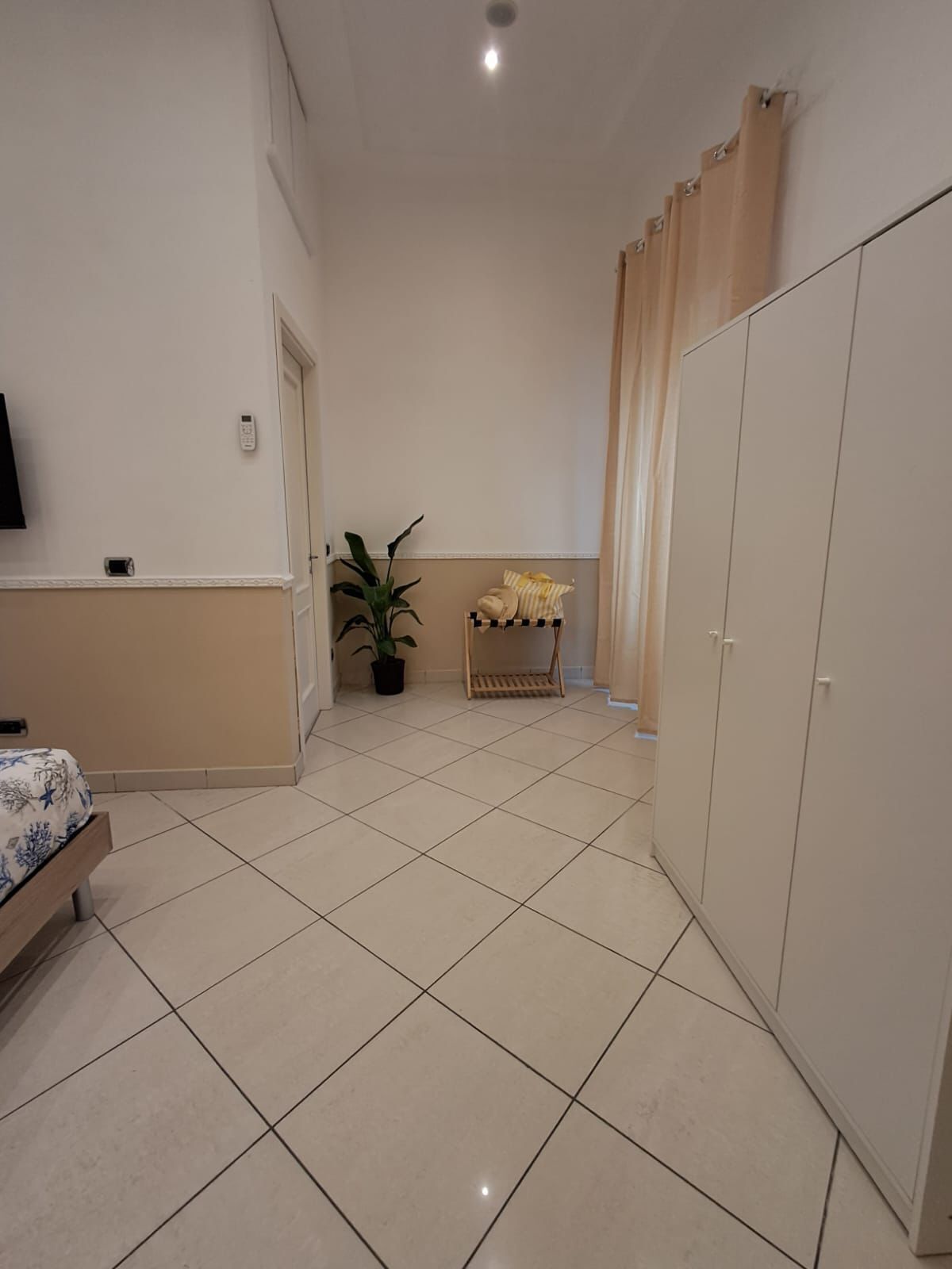 A room with a bed, a potted plant, a small table with cushions, and a wardrobe.