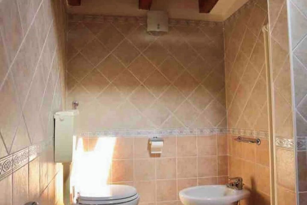 Un baño con inodoro, lavabo y paredes con azulejos.