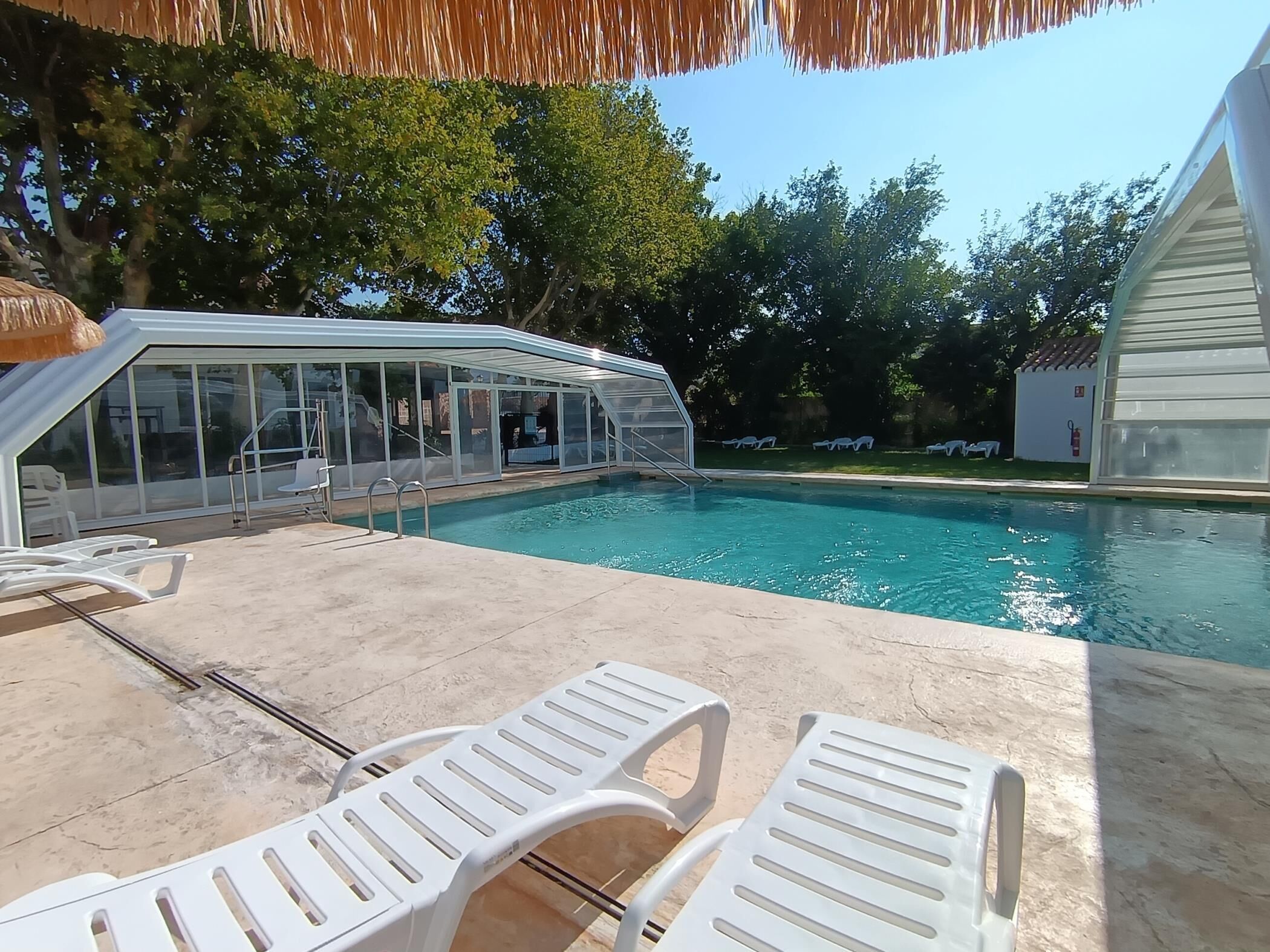 A swimming pool with a covered area, lounge chairs, and a thatched roof.