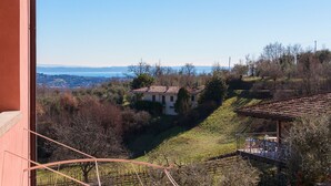 A view from a balcony overlooking a hillside with a house and vineyard. - Borgo al Sole 2 by Wonderful Italy (Puegnago del Garda)