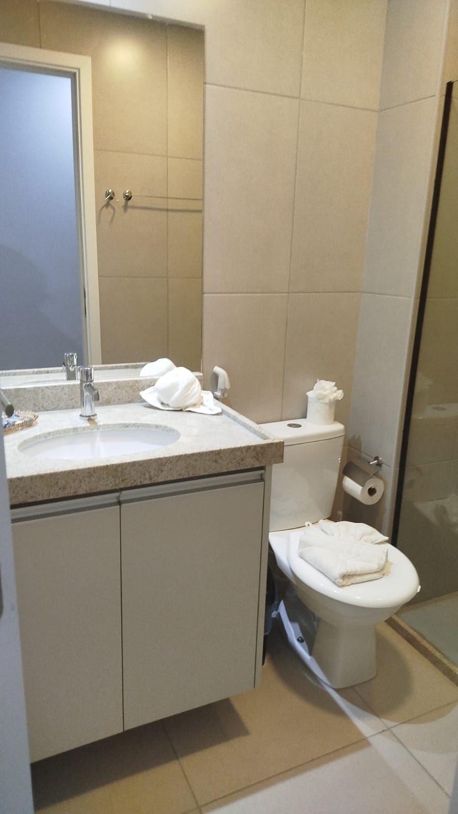A bathroom with a sink, toilet, and shower.
