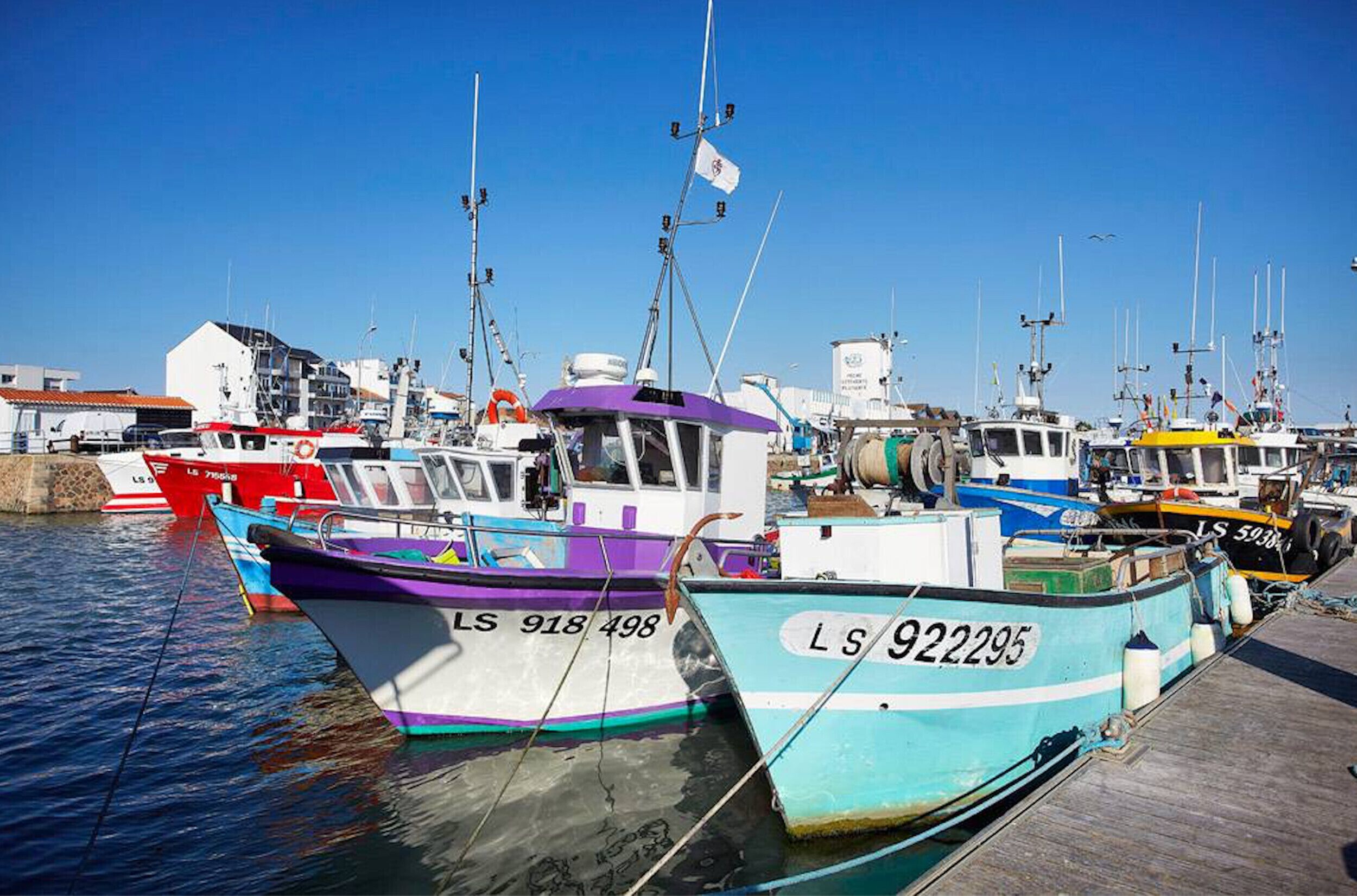 A marina with various boats docked, including a prominent boat with the registration LS 918 498.
