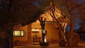 A stone building with a large tree in front, a wooden bench, and a well-lit entrance. - Mattanu Private Game Reserve (Dikgatlong)