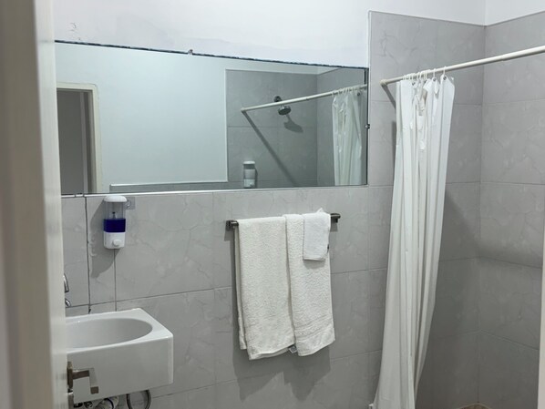 A bathroom with a white sink, a mirror, a towel rack with two towels, a shower curtain, and a soap dispenser. - Choose Your Stay: Private Guest Rooms, Bathroom, or a Furnished Apartment (Clarendon Park)
