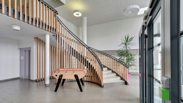 Un intérieur moderne avec un escalier en bois, un comptoir d’accueil et une plante en pot.