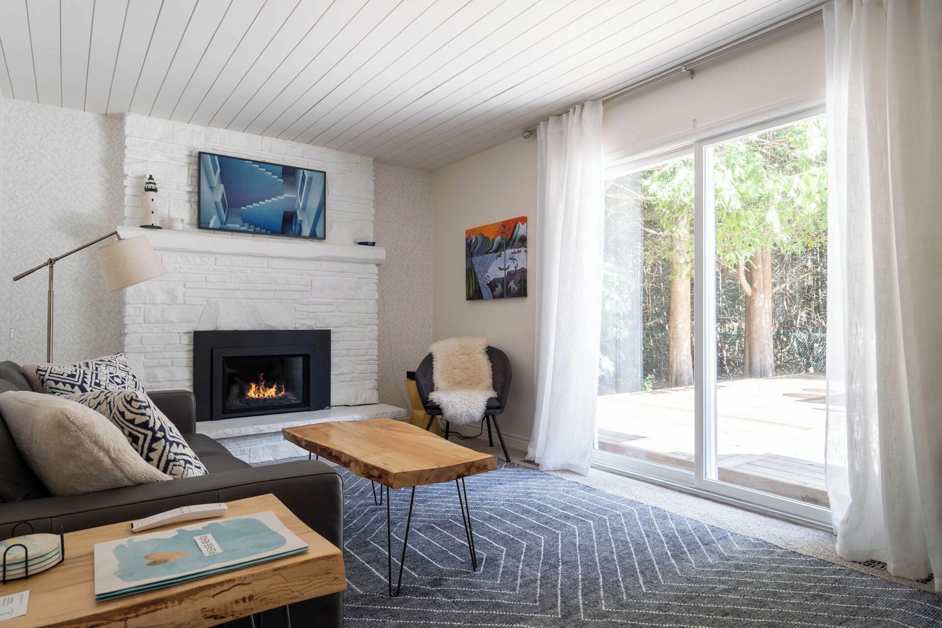 Una Smart TV, una chimenea, libros