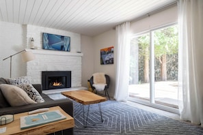 TV connectée, cheminée, livres