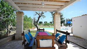 A covered outdoor seating area with a pool in the background.