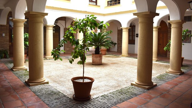 A courtyard with columns, potted plants, and a tiled floor. - Downtown Apartment with Parking and Terrace (Córdoba)