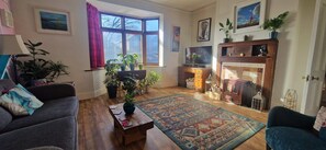 Télévision, cheminée, livres, chaîne hi-fi