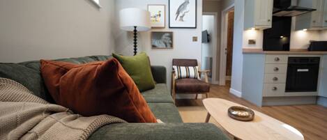 Un salon moderne avec un canapé vert, une table basse en bois et un fauteuil marron. On y trouve également un coin cuisine avec des meubles de couleur bleu clair et une hotte noire.