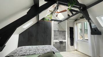 1 bedroom, desk, iron/ironing board, travel cot