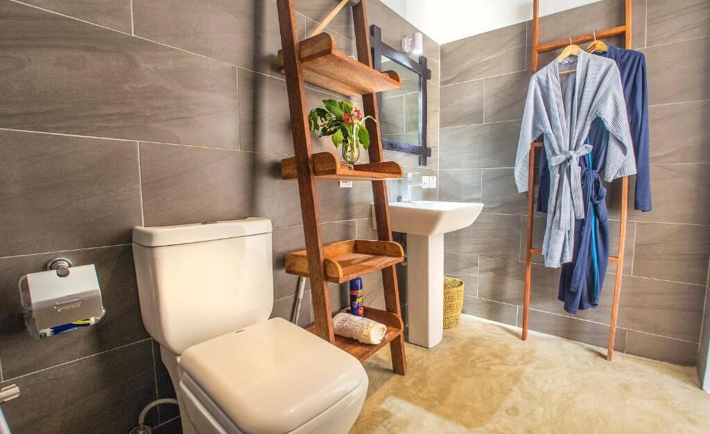 A bathroom with a toilet, a wooden shelf with a plant, a sink, and a robe rack.