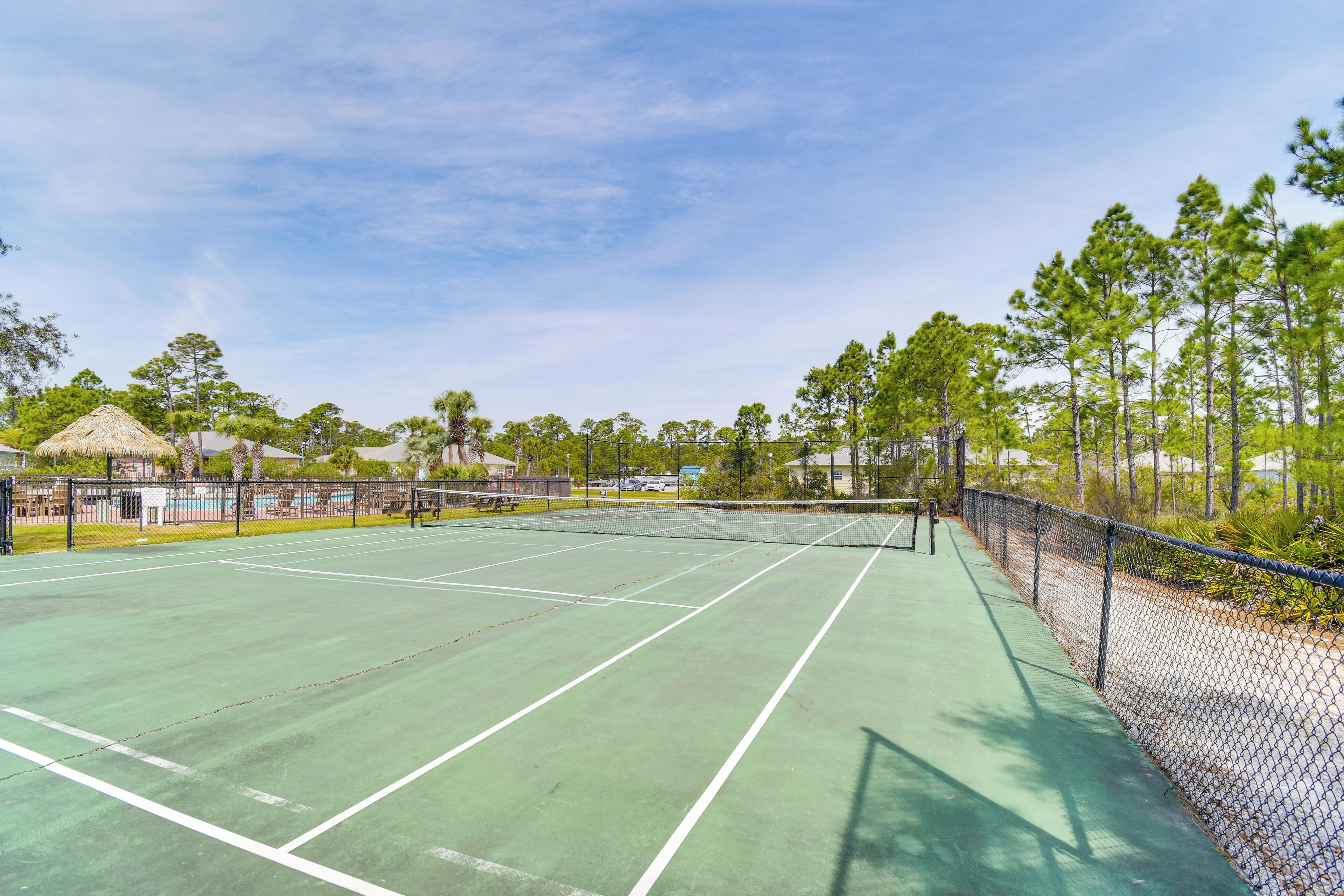 Un campo da tennis con superficie verde, circondato da una rete metallica e alberi.