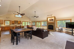 Smart TV, fireplace, foosball, books