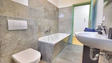 Hair dryer, towels, soap, toilet paper