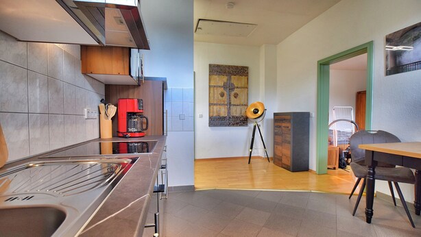 A modern kitchen with a stainless steel sink, a red coffee maker, and a wooden cabinet. - Vacation apartment "Schwalbennest (Naumburg (Saale))