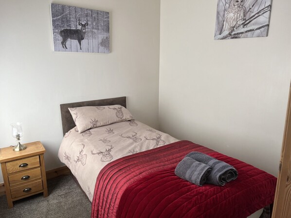 A bedroom with a bed, a nightstand, a lamp, and two wall art pieces.