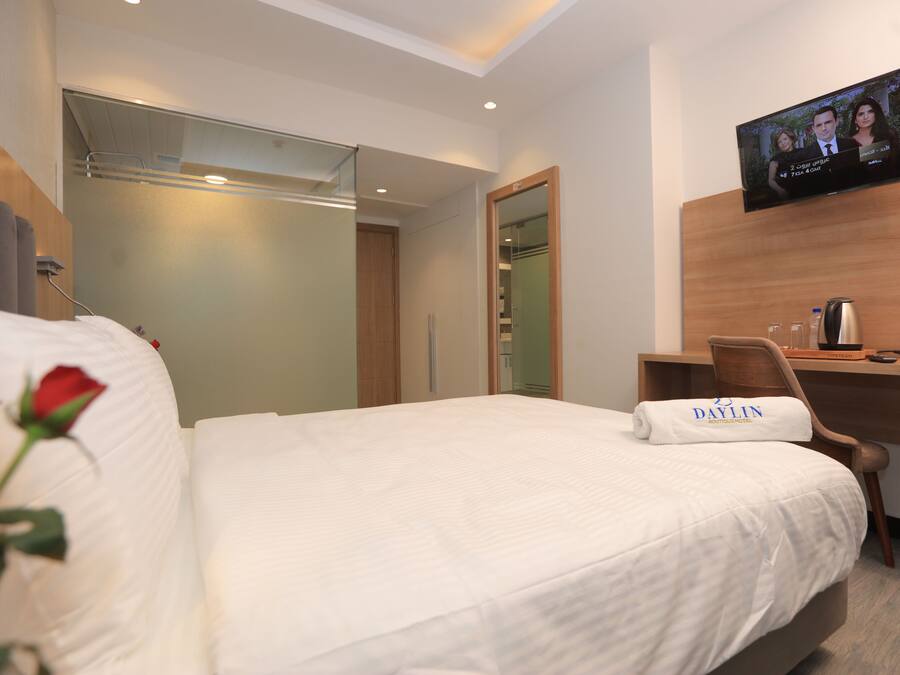 A hotel room with a bed, a desk, a television, and a mirror.