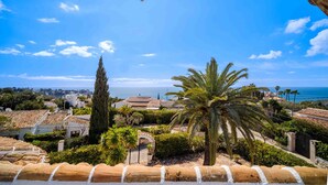 Un pueblo costero con casas de tejados de terracota, una palmera y vistas al mar.