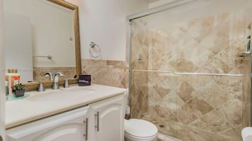 Hair dryer, towels, soap, toilet paper