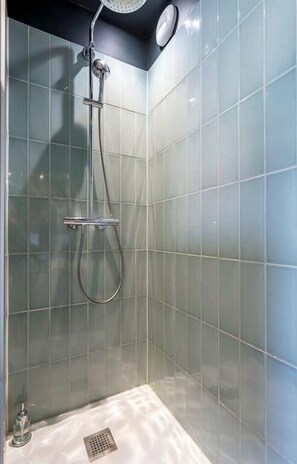Shower, hair dryer, towels