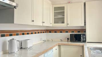 Full-sized fridge, microwave, oven, stovetop