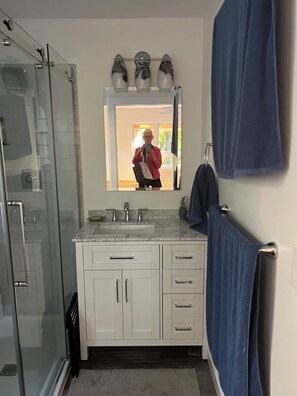 Shower, hair dryer, towels, soap