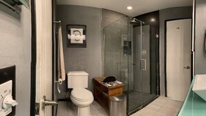 Een moderne badkamer met toilet, douche en een ruime badkuip.