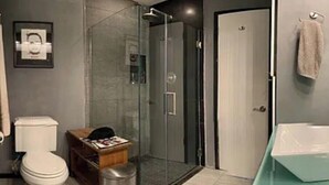 Een moderne badkamer met toilet, douche en wastafel.