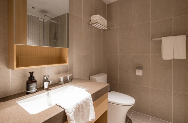 Een haardroger, handdoeken, zeep, toiletpapier