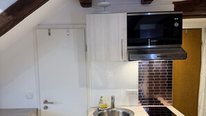 A compact kitchen with a Bosch microwave, a sink, and a brick backsplash. - Lucky Home Relax Apartment (Füssen)