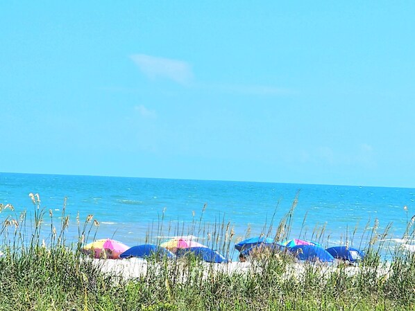 On the beach, sun-loungers, beach towels